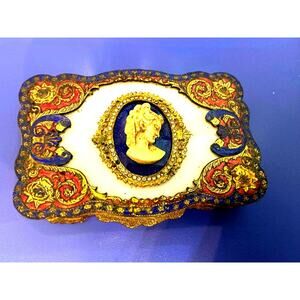 ANTIQUE VICTORIAN CARVED CAMEO ENAMEL RHINESTONE COMPACT OR PILLBOX ITALY